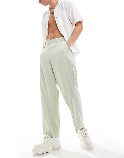 ASOS DESIGN linen blend wide leg smart trousers in sage green crinkle