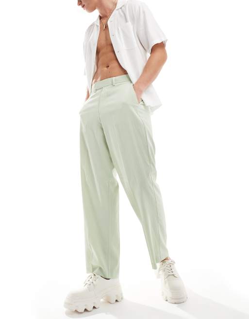 ASOS DESIGN linen blend wide leg smart trousers in sage green crinkle