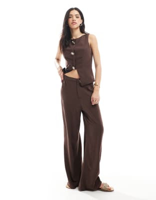 linen blend wide leg trim detail pants in chocolate - part of a set-Brown