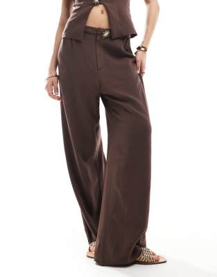 Asos Design Linen Blend Wide Leg Trim Detail Pants In Brown