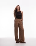 [ASOS DESIGN] ASOS DESIGN linen blend wide leg wrap pants in brown-Red 16 Brown