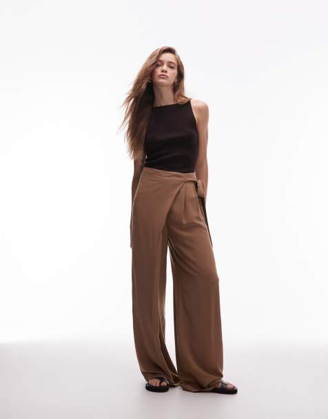 ASOS DESIGN linen blend wide leg wrap trouser in brown - view 1
