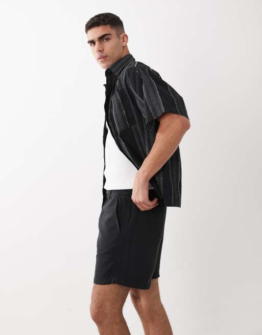 ASOS DESIGN linen blend wide shorts in short length in black, 4 of 5