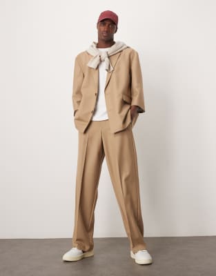 Asos Design Linen Blend Wide Suit Pants In Brown