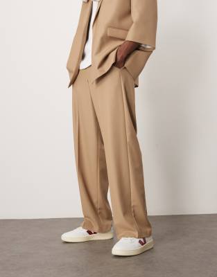 Asos Design Linen Blend Wide Suit Pants In Brown