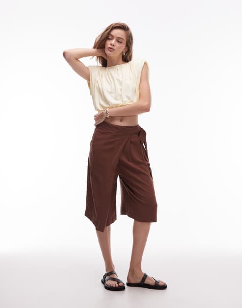 ASOS DESIGN linen blend wrap front bermuda shorts in chocolate - view 1