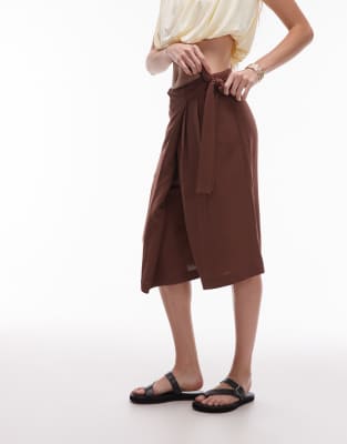 Asos Design Linen Blend Wrap Front Bermuda Shorts In Brown