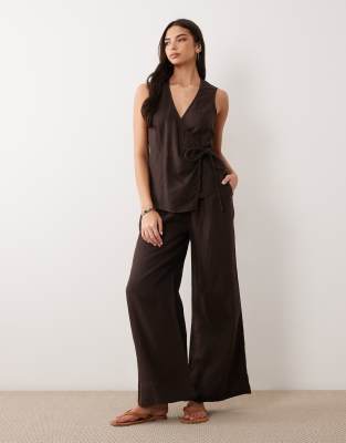Asos Design Linen Blend Wrap Jumpsuit In Brown