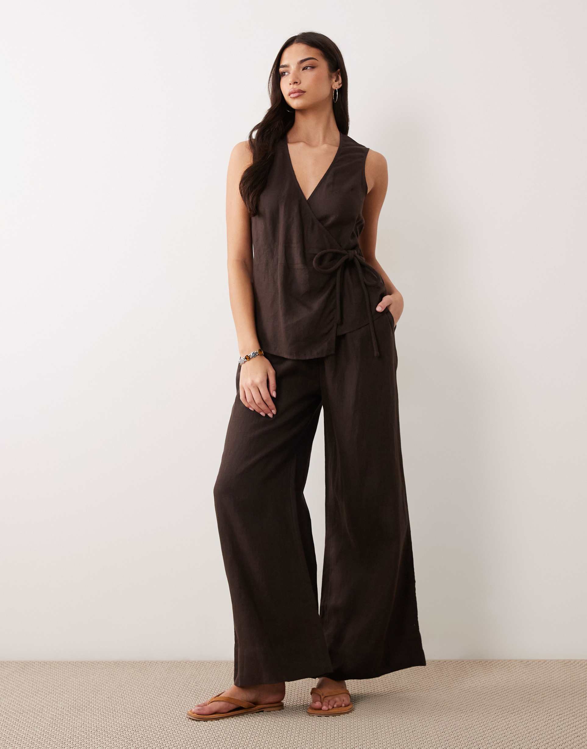 asos design linen blend wrap jumpsuit in chocolate