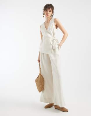 Asos Design Linen Blend Wrap Jumpsuit In White