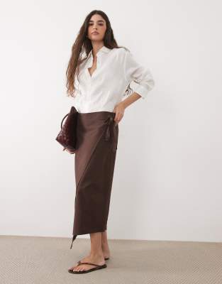 ASOS DESIGN linen blend wrap skirt in chocolate co ord