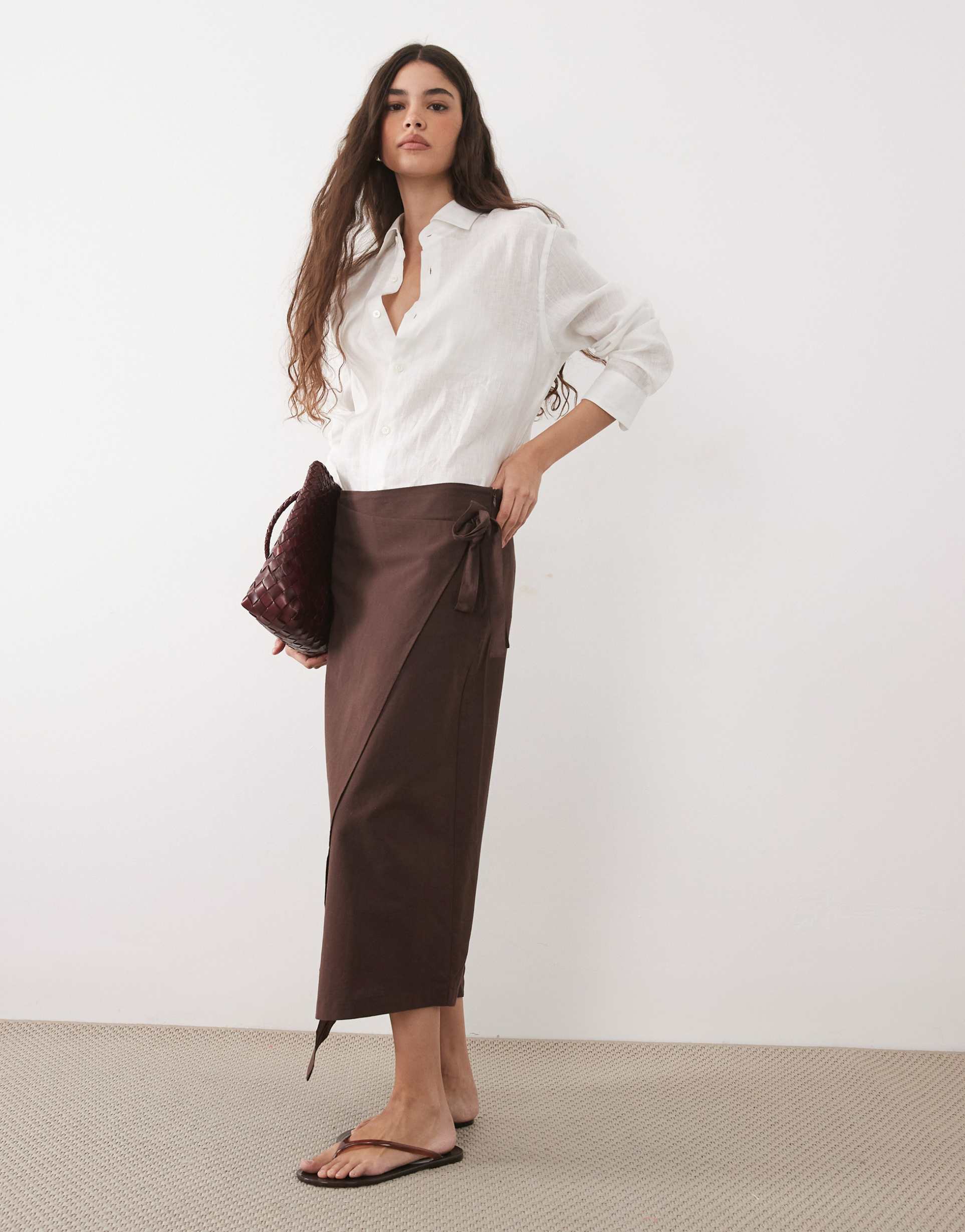 asos design linen blend wrap skirt in chocolate - part of a set