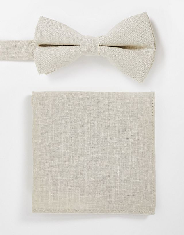 ASOS DESIGN linen bow tie and pocket square in stone