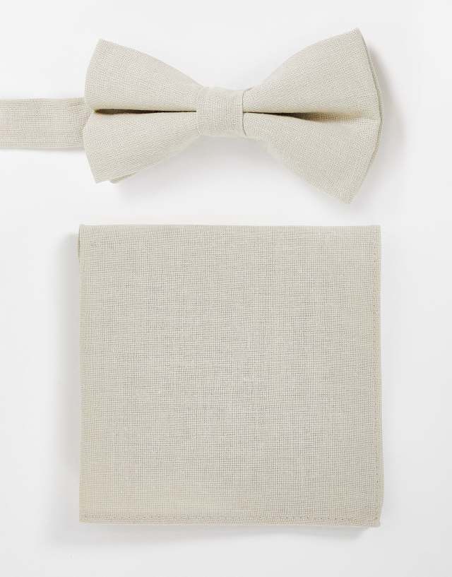 ASOS DESIGN linen bow tie and pocket square in stone