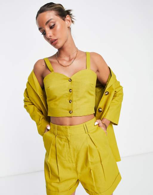 ASOS DESIGN linen button through suit bralet in golden palm