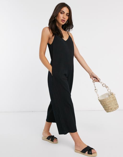 ASOS DESIGN linen button strap jumpsuit in black