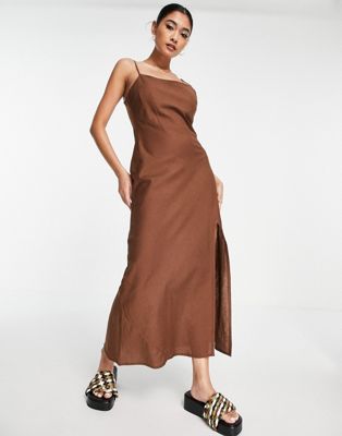 Asos Design Linen Cami Maxi Sundress With A Split In Chocolate-brown