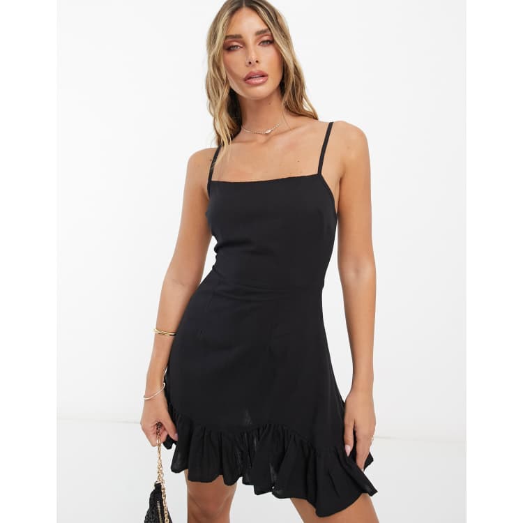 ASOS DESIGN linen cami mini sundress with ruffle hem in black