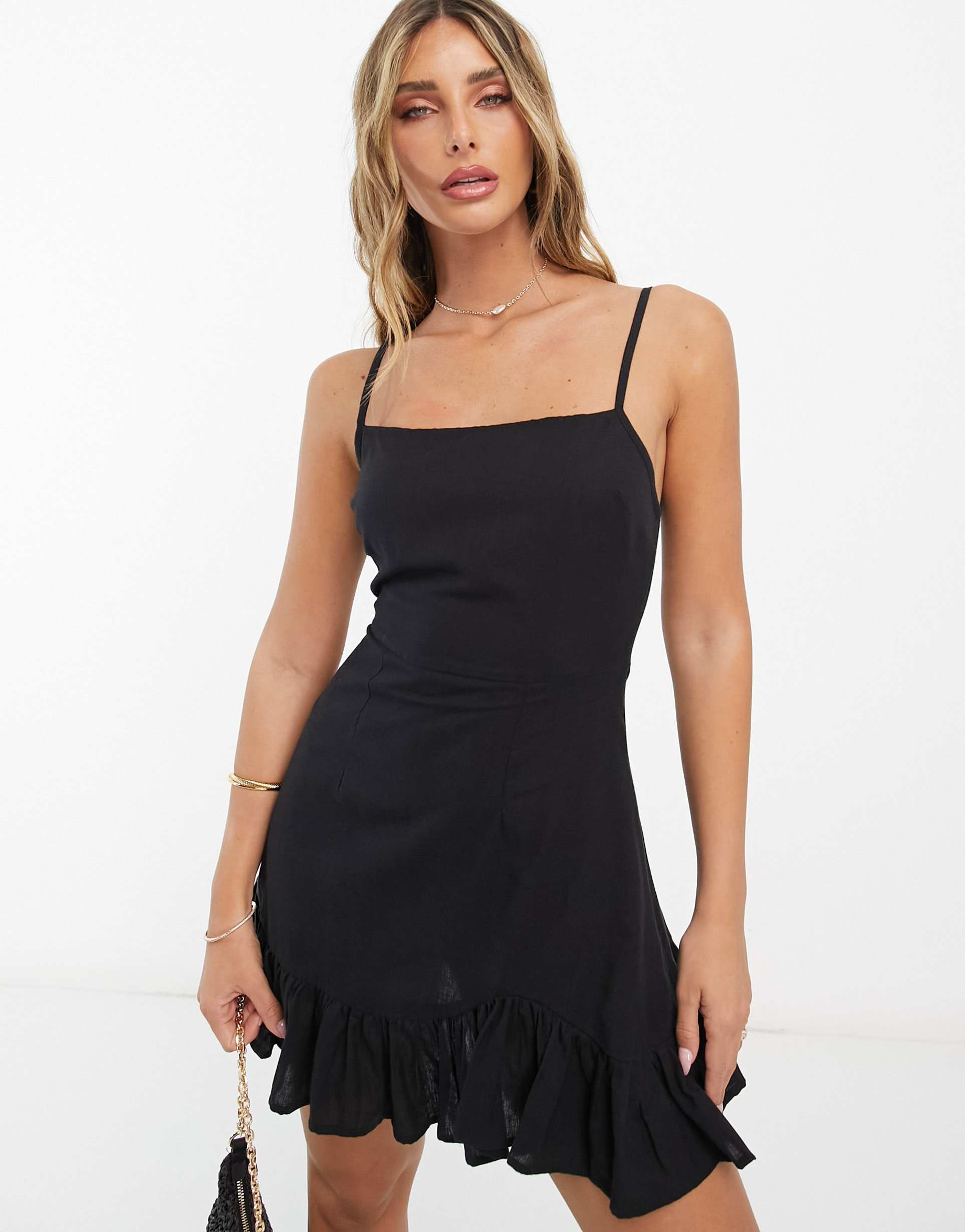 asos design linen cami mini sundress with ruffle hem in black