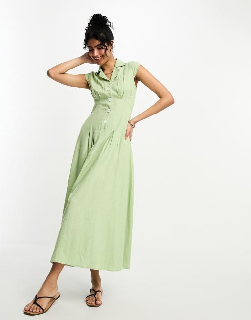 ASOS DESIGN linen cap sleeve shirt midi dress with pin tucks in sage