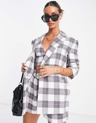 Asos Design Linen Check Double Breasted Suit Blazer In Check In Multi In Multi