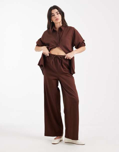 ASOS DESIGN linen co-ord trouser in brown - view 1