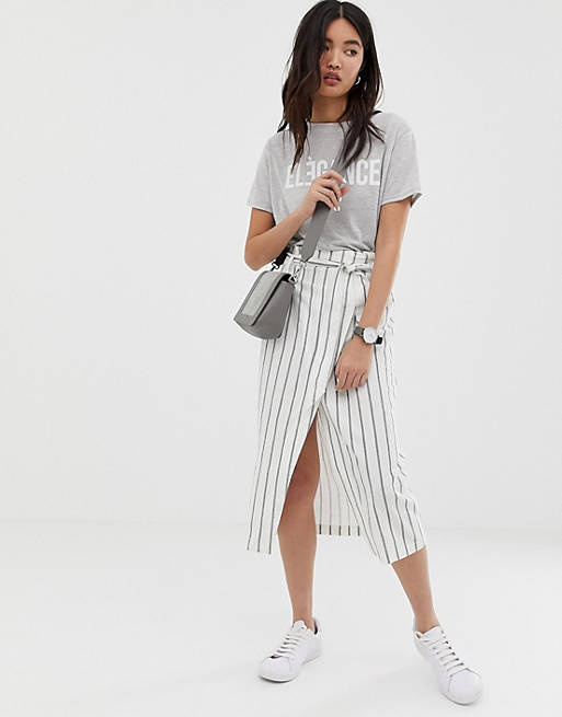 ASOS DESIGN linen column midi skirt with paperbag waist in stripe