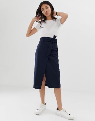 ASOS DESIGN linen column wrap skirt-Navy