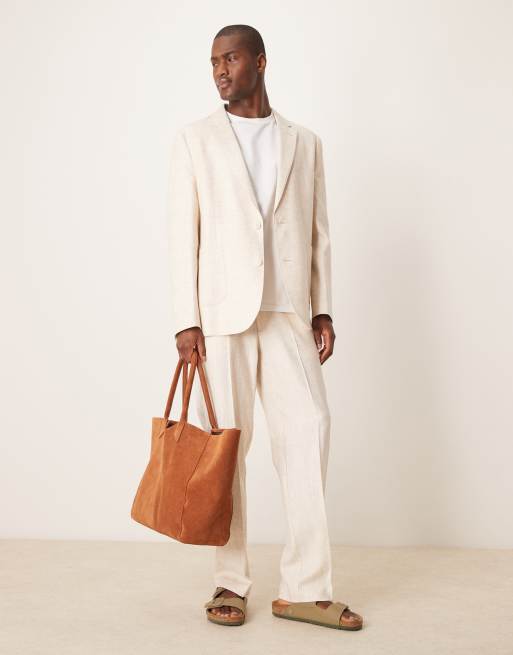 ASOS DESIGN linen cotton blend regular suit jacket in stone twill, 2 of 5