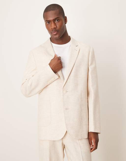 ASOS DESIGN linen cotton blend regular suit jacket in stone twill, 4 of 5