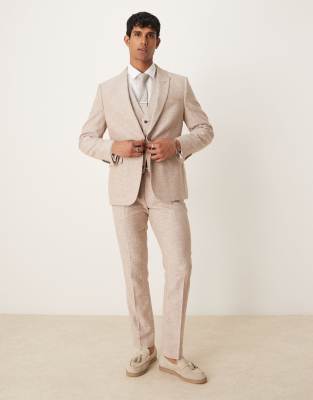 asos ASOS DESIGN linen cotton blend slim suit in brown herringbone