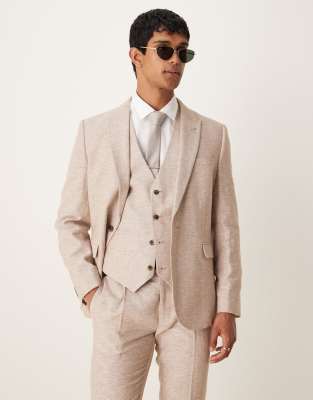 Asos Design Linen Cotton Blend Slim Suit Jacket In Brown