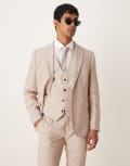 [ASOS DESIGN] ASOS DESIGN linen cotton blend slim suit jacket in brown herringbone Chest 38 Regular BROWN