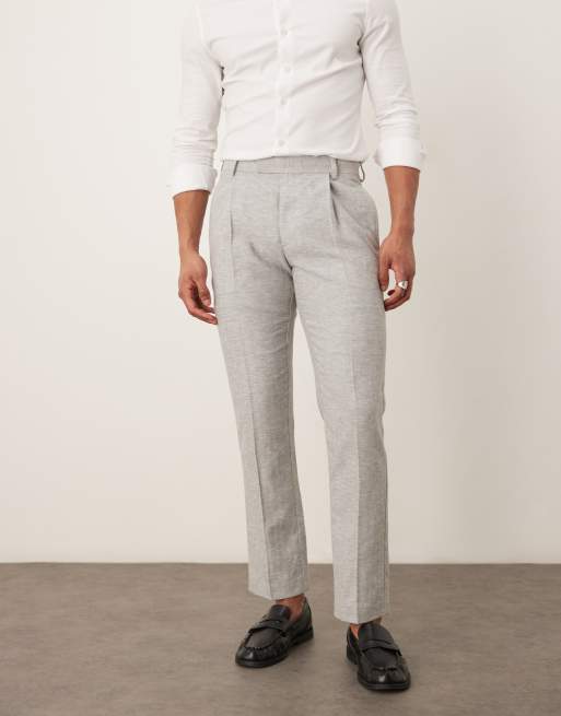 ASOS DESIGN linen cotton blend slim suit pants in gray herringbone