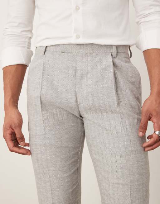 ASOS DESIGN linen cotton blend slim suit pants in gray herringbone