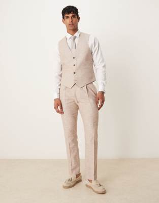 ASOS DESIGN linen cotton blend slim suit trousers in brown herringbone