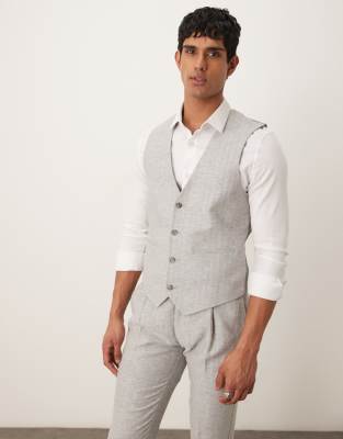 linen cotton blend slim suit vest in gray herringbone