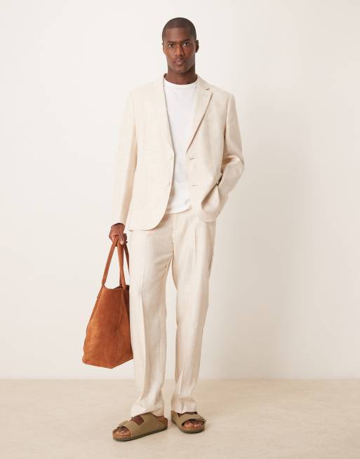 ASOS DESIGN linen cotton blend straight suit trousers in stone twill with elasticated waist