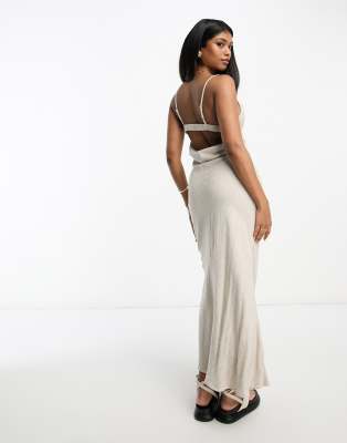 Asos Design Linen Cowl Detail Maxi Slip Sundress With Draped Back Detail In Natural-neutral