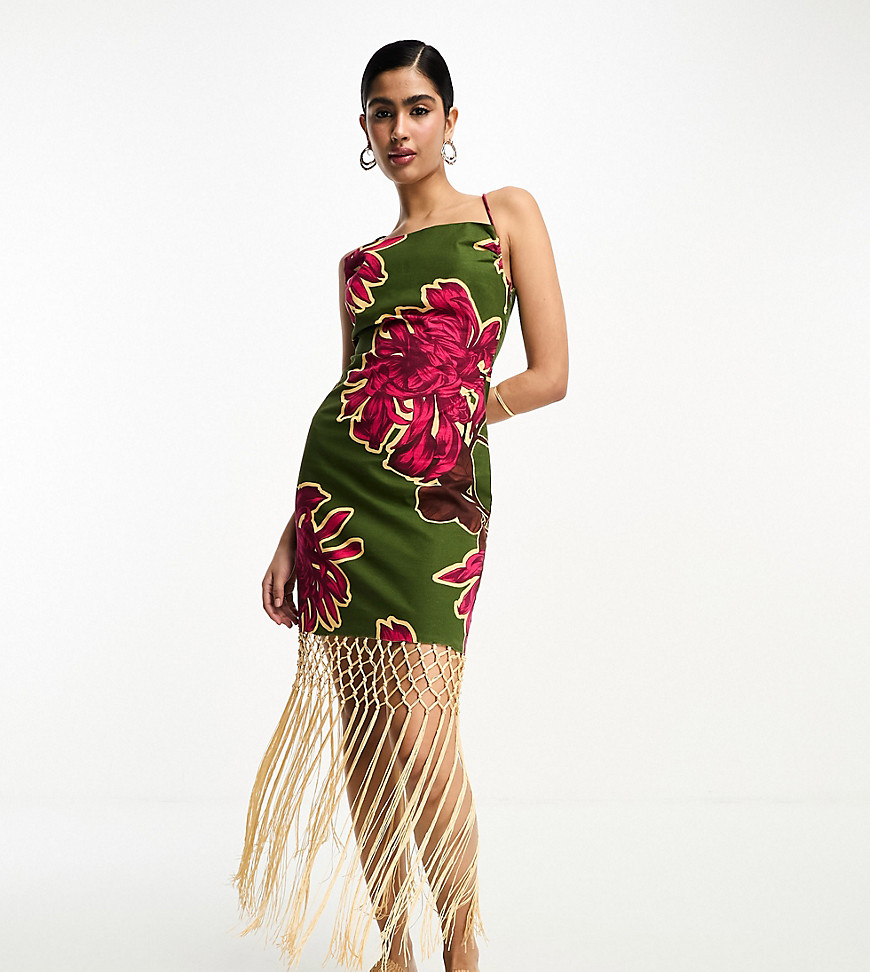 ASOS DESIGN linen cowl mini slip sundress with macrame fringing in floral print-Multi