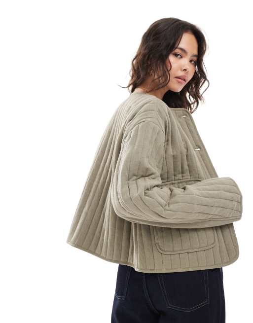ASOS DESIGN linen crop collarless quilted jacket in khaki, 4 of 4