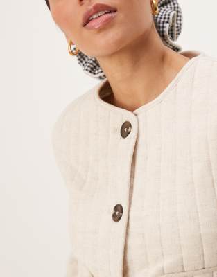ASOS DESIGN linen crop collarless quilted jacket in oatmeal