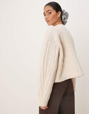 ASOS DESIGN linen crop collarless quilted jacket in oatmeal