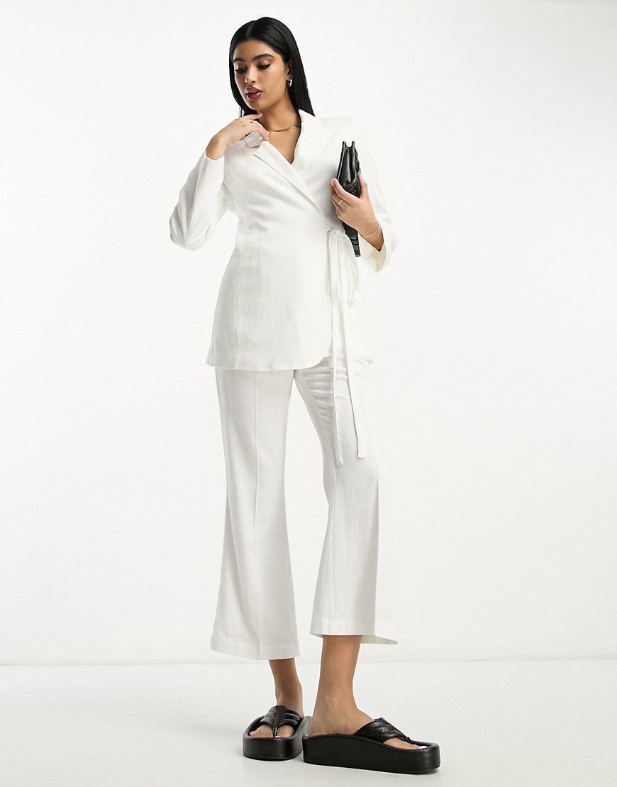 Asos Design Linen Crop Kick Flare Front Suit Pants In White