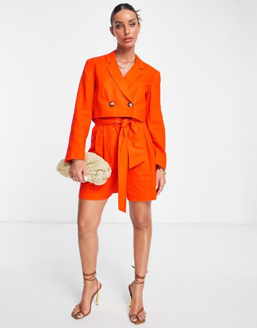 ASOS DESIGN linen cropped suit blazer in flame, 2 of 4