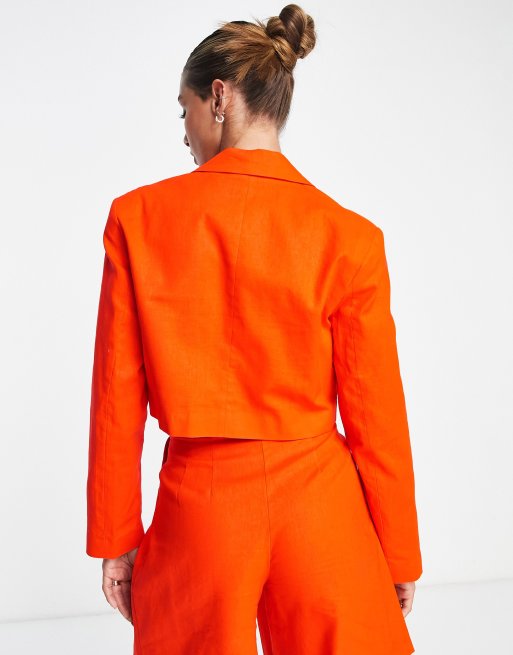 ASOS DESIGN linen cropped suit blazer in flame, 3 of 4
