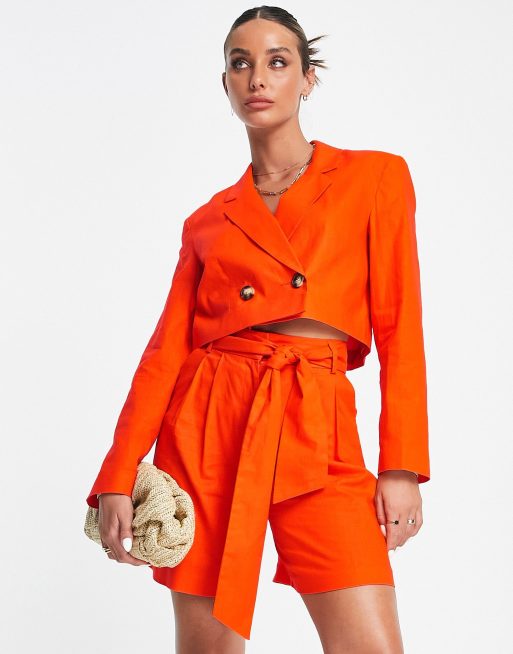 ASOS DESIGN linen cropped suit blazer in flame, 4 of 4