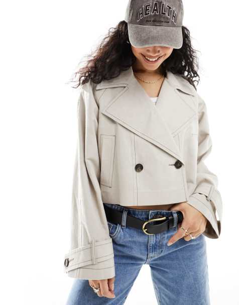 ASOS DESIGN linen cropped trench coat in stone - view 1