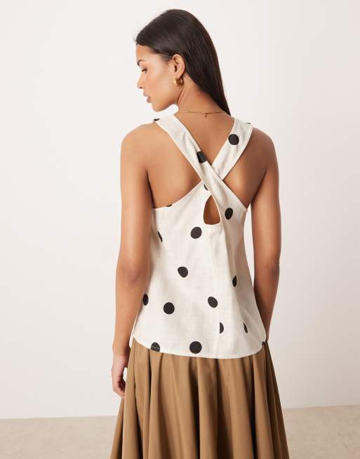 ASOS DESIGN linen cross back scoop neck cami in polka dot, 4 of 4