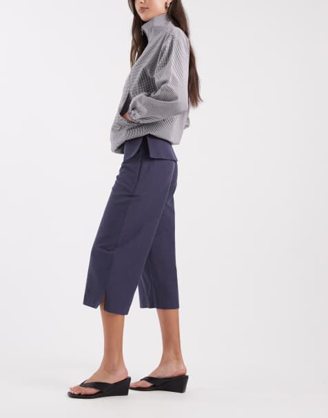 ASOS DESIGN linen deep waistband tailored capri in blue - view 1